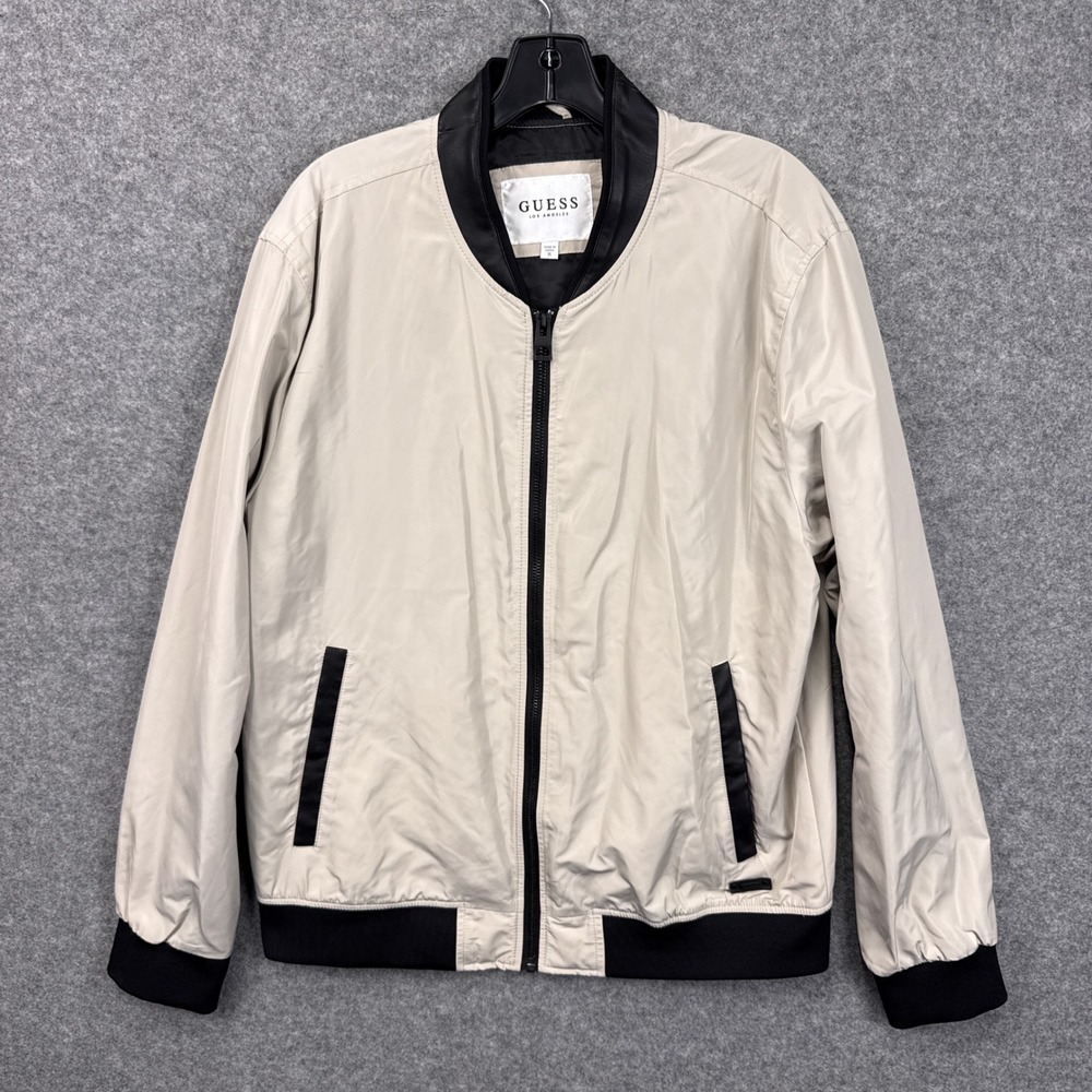 Guess Bomber Jacket XL Beige Black Polyester Faux Leather Trim Full Zip Street